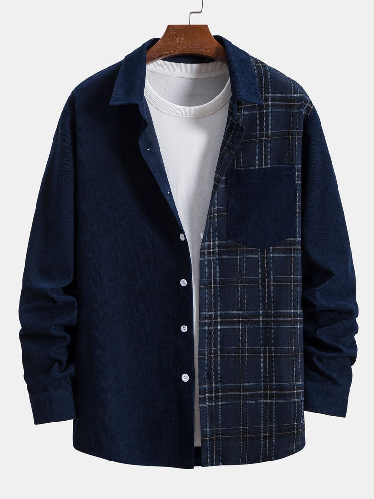 Long Sleeve Plaid Corduroy Patchwork Shirt